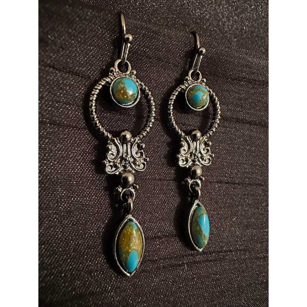 Boho Oxidized Silver Dangle with Synthetic Moss Agate Earrings